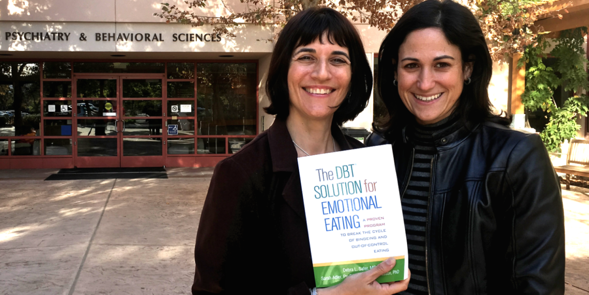 Image of Authors Debra Safer and Sarah stand in front of Stanford's Psychology building