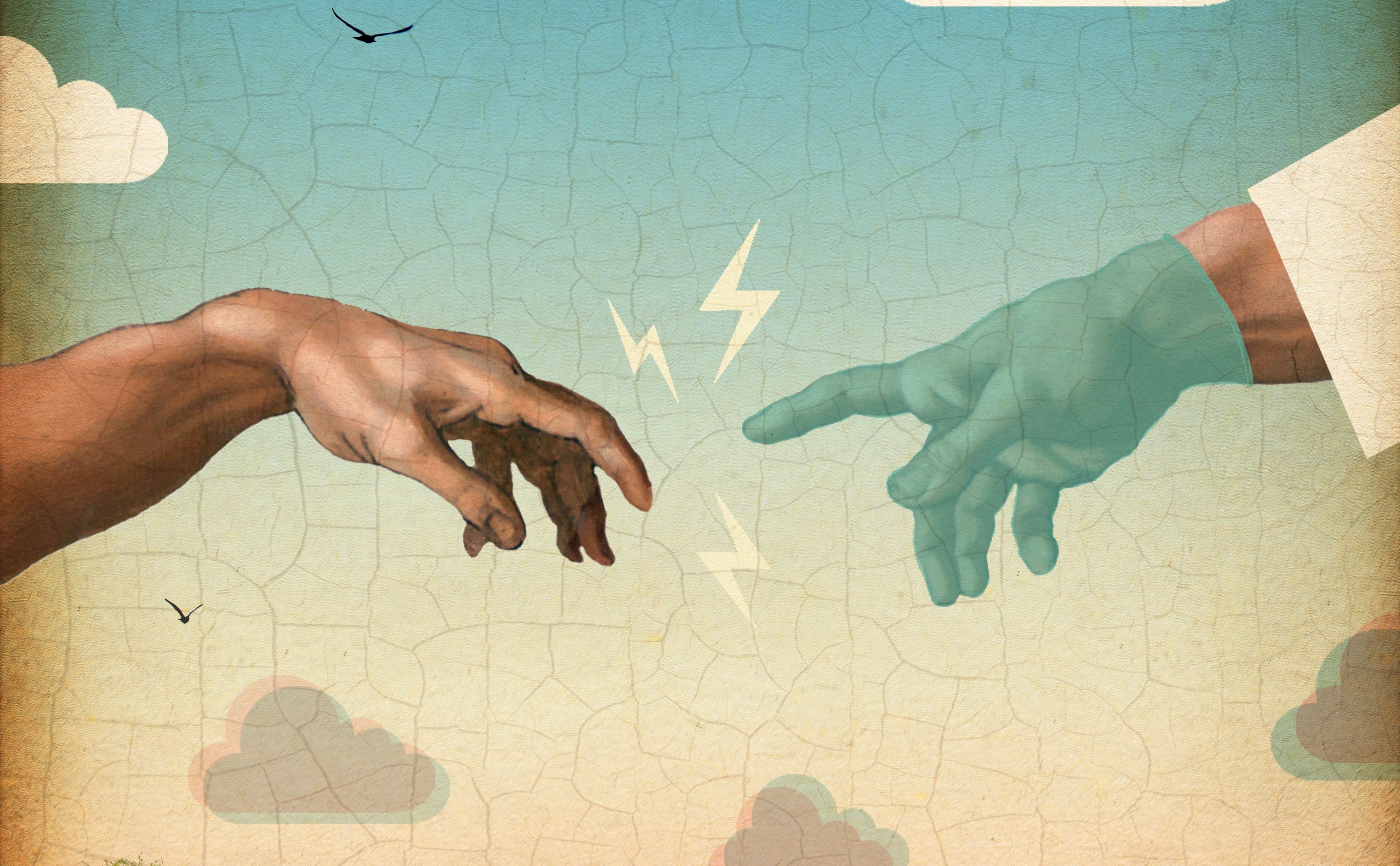an illustration of two hands touching, with sparks