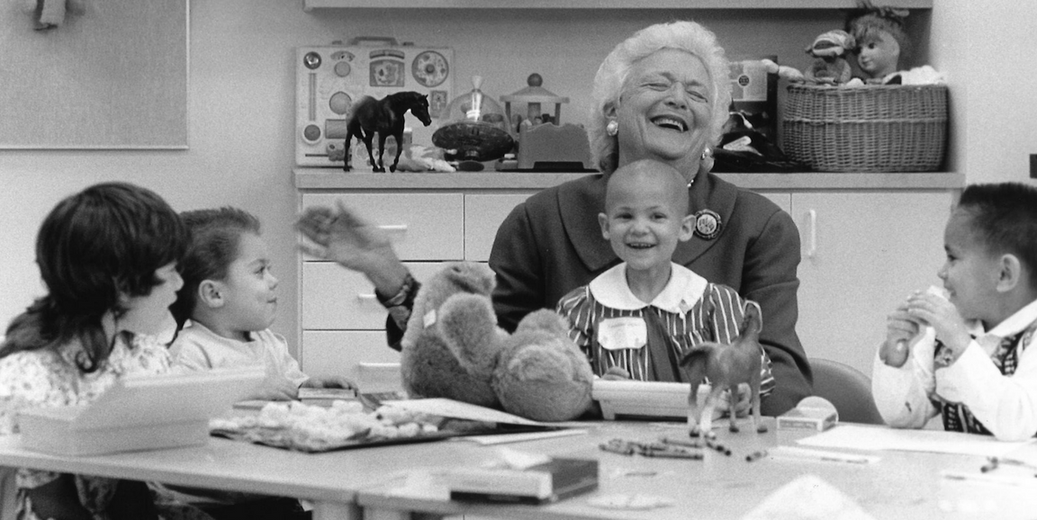 Barbara Bush with children at Packard opening