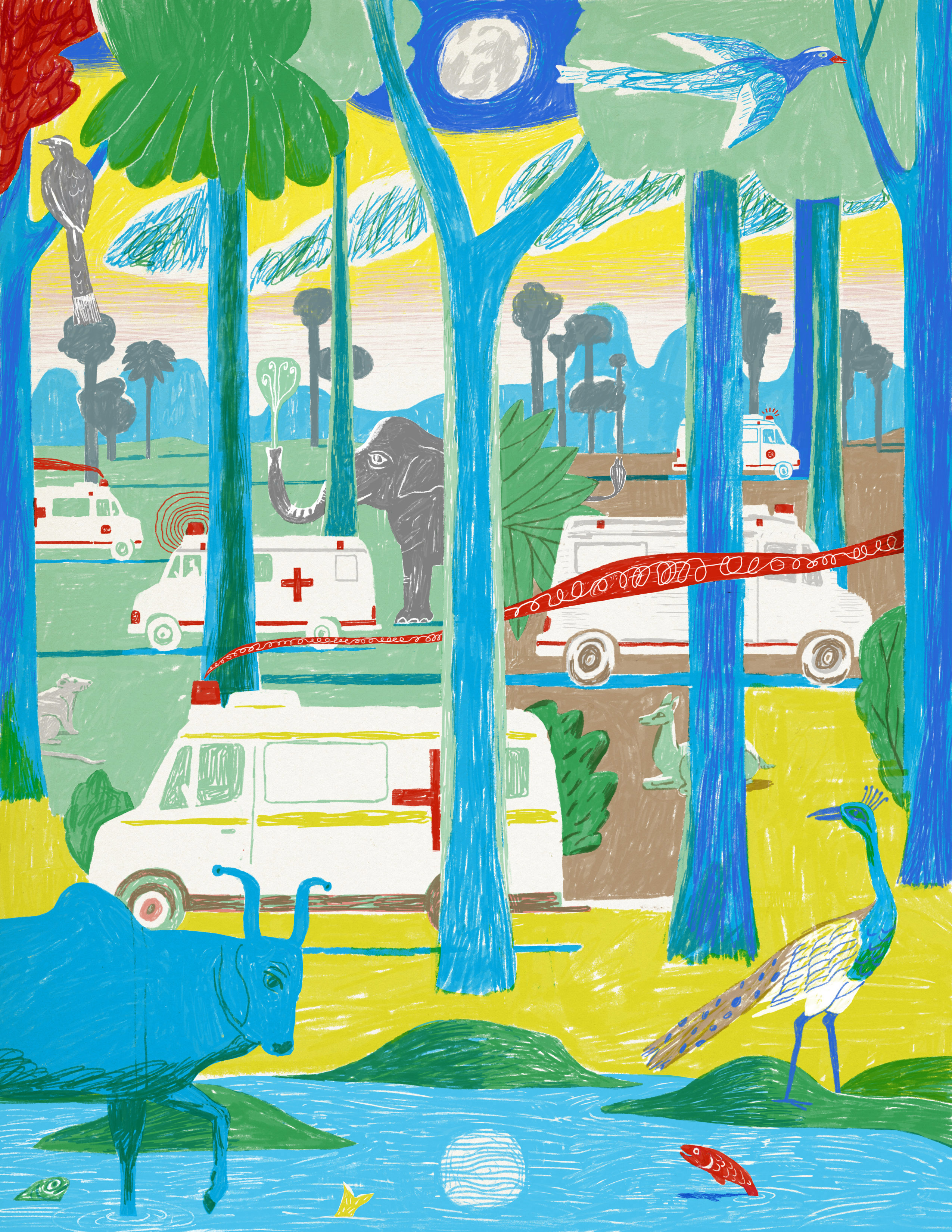 illustration of ambulances in tropical area