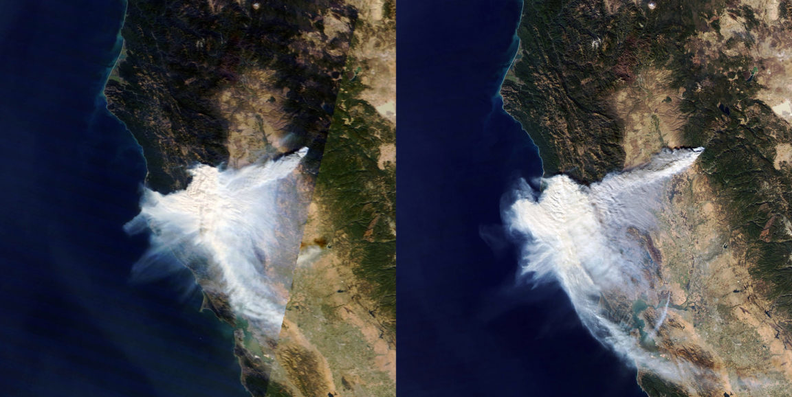 Satellite images of smoke from the Camp Fire burning near Chico, California