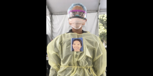 Portraits on COVID-19 protective gear reveal human faces providing care