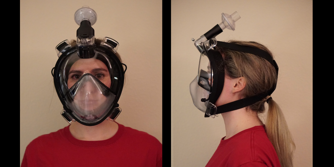 Woman wearing snorkeling mask converted to personal protective equipment