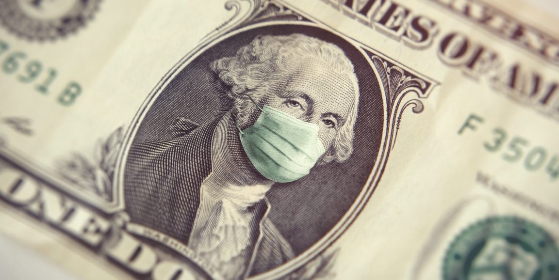 Coronavirus one dollar bill with picture of G. Washington president with surgical mask