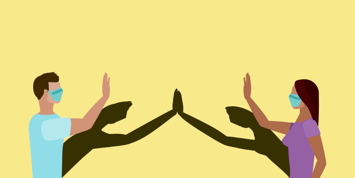 graphic of two people in masks high-fiving from a distance