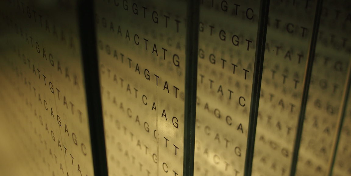 translucent panels with strings of T, A, C, G indicating a gene sequence