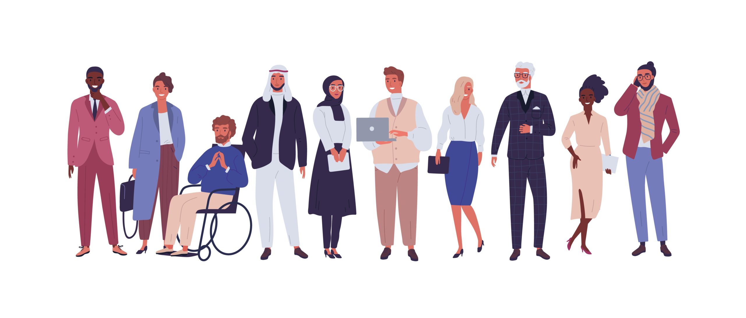 Diverse group of business people, entrepreneurs or office workers isolated  on white background. Multinational company. Old and young men and women  standing together. Flat cartoon vector illustration. - Scope