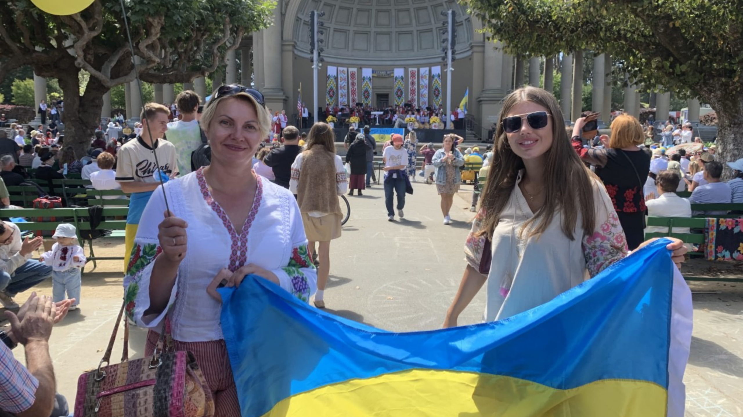 Yuliia Severyn (left) and Yuliia Lozko (right) are celebrating Ukrainian Independence Day in San Francisco Golden Gate Park.